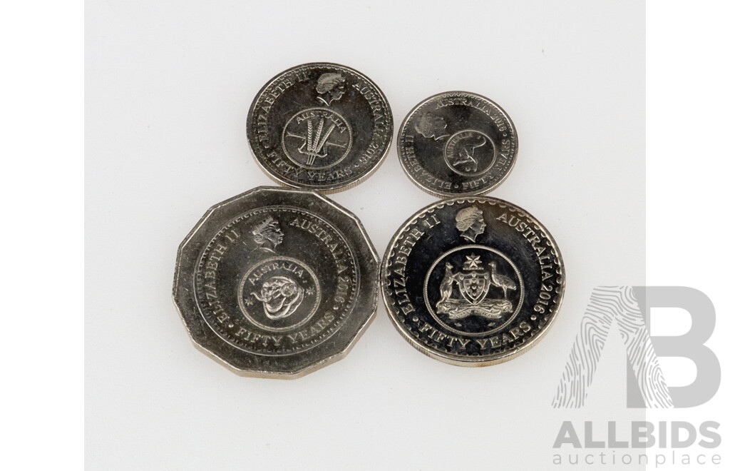 Australian 2016 Fifty Years of Decimal Currency Commemorative Coins, Fifty Cent, Twenty Cent, Ten Cent, Five Cent (4)