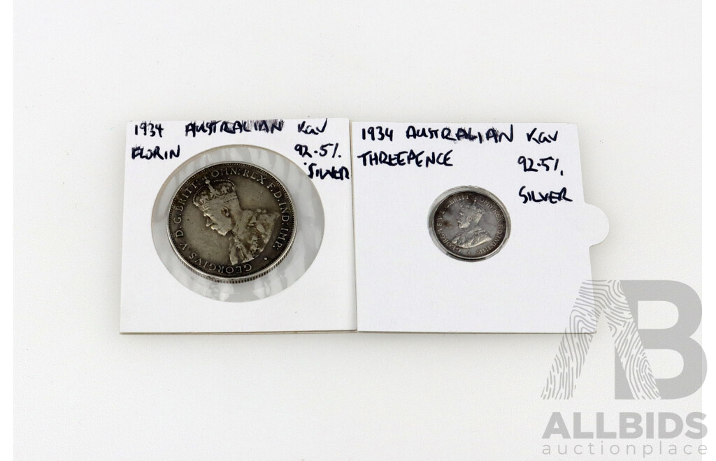 Australian 1934 Florin and Threepence .925 Silver