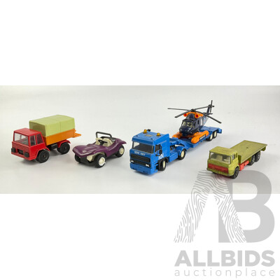 Vintage Matchbox Super Kings DAF Truck and Navy Truck/Helicopter, Jean Cargo Truck and Tonka Dune Buggy with Original Underside Sticker