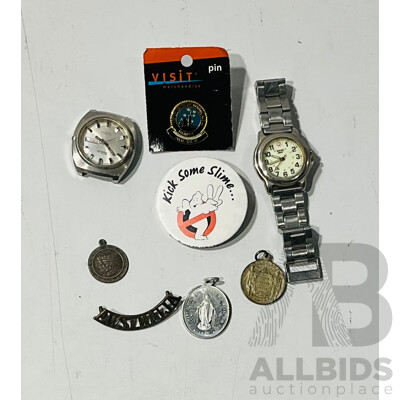 Collection of Vintage Medallions & Badges with Vintage Felicia and Swiss Army Watches