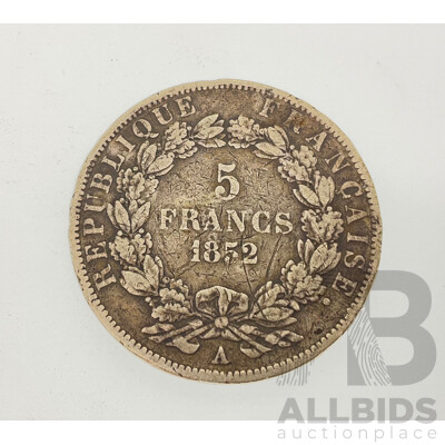 France 1852 Five Silver Francs Coin, Louis-Napoléon Bonaparte, Paris Mint .900