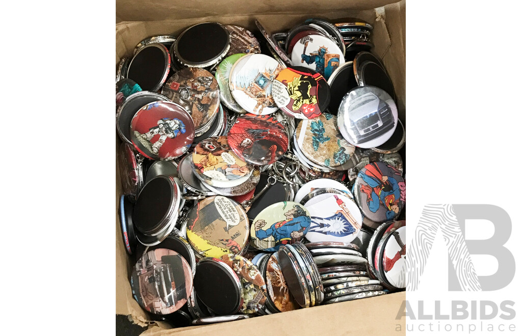 Bulk Lot of Assorted Pins, Keychains, Coasters, and More