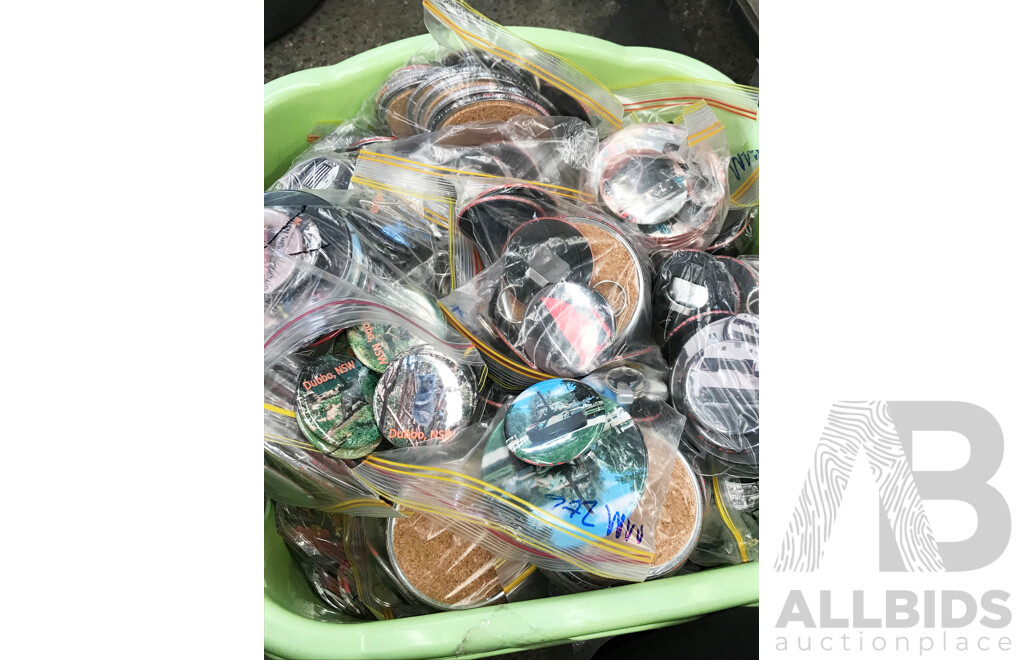 Bulk Lot of Assorted Pins, Keychains, Coasters, and More