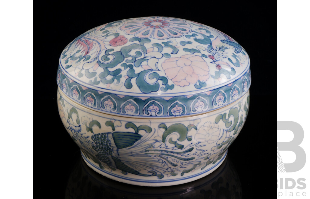 Chinese Porclain Hand Painted Lidded Vessel with Floral Motif