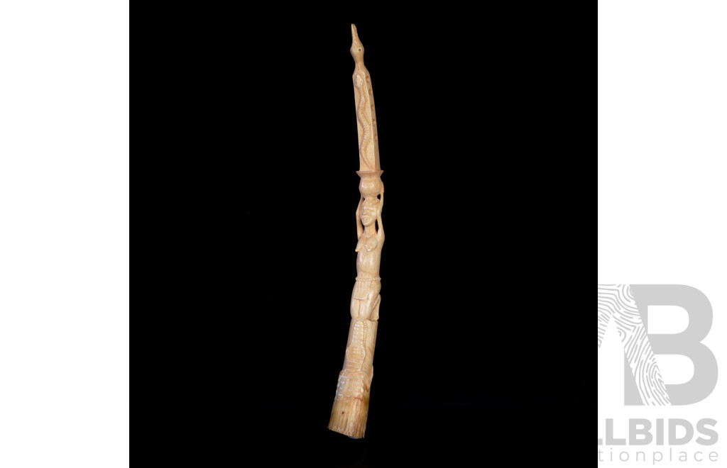 Vintage Hand Carved African Ivory Elephant Tusk with Female, Crocodile, Bird and Snake Motif