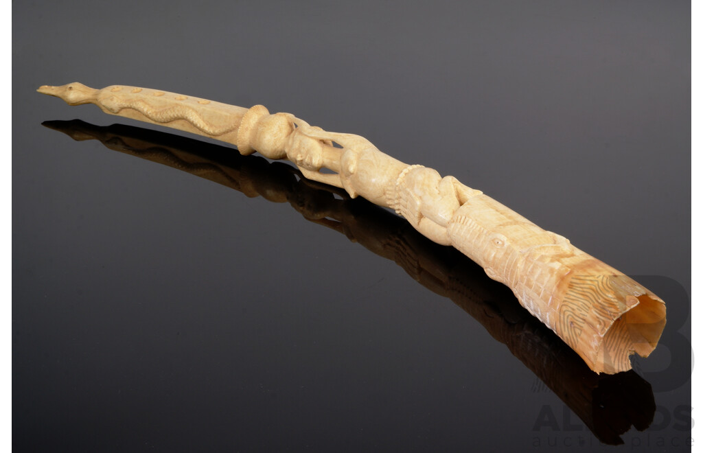 Vintage Hand Carved African Ivory Elephant Tusk with Female, Crocodile, Bird and Snake Motif