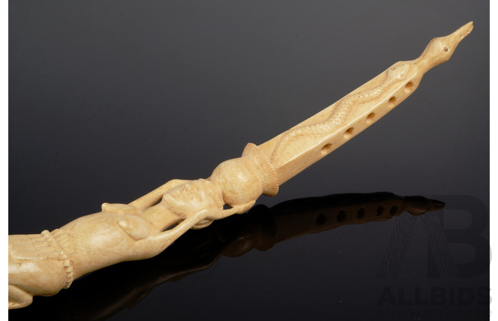 Vintage Hand Carved African Ivory Elephant Tusk with Female, Crocodile, Bird and Snake Motif