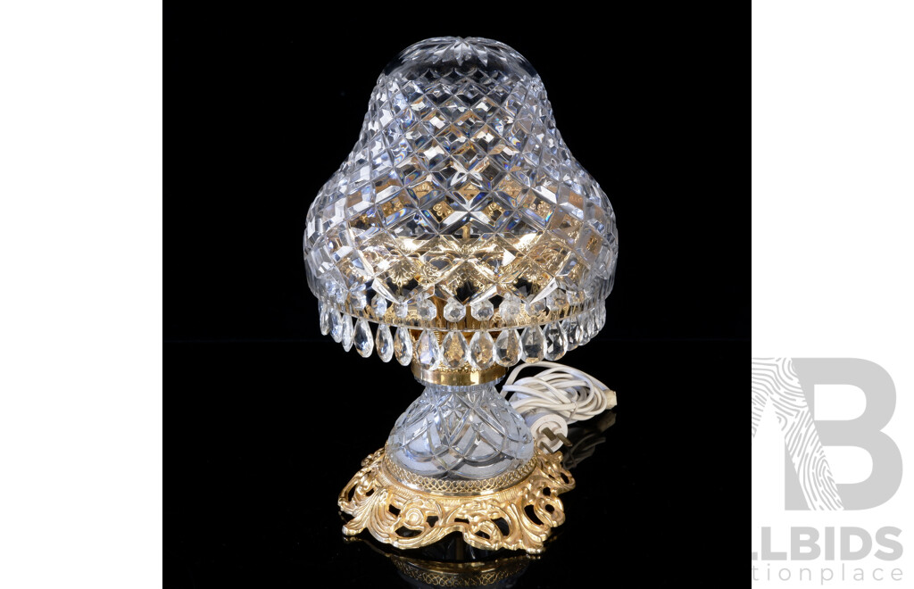 Table Lamp with Ornate Brass Base, Crystal Drop Fringe and Cut Crystal Shade From Another Lamp