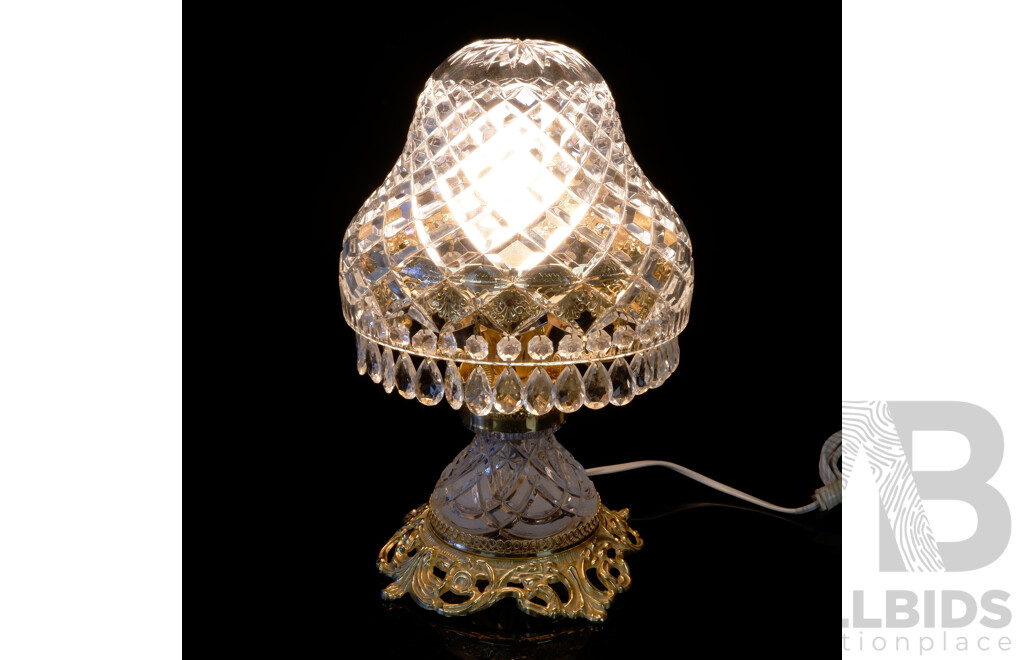 Table Lamp with Ornate Brass Base, Crystal Drop Fringe and Cut Crystal Shade From Another Lamp