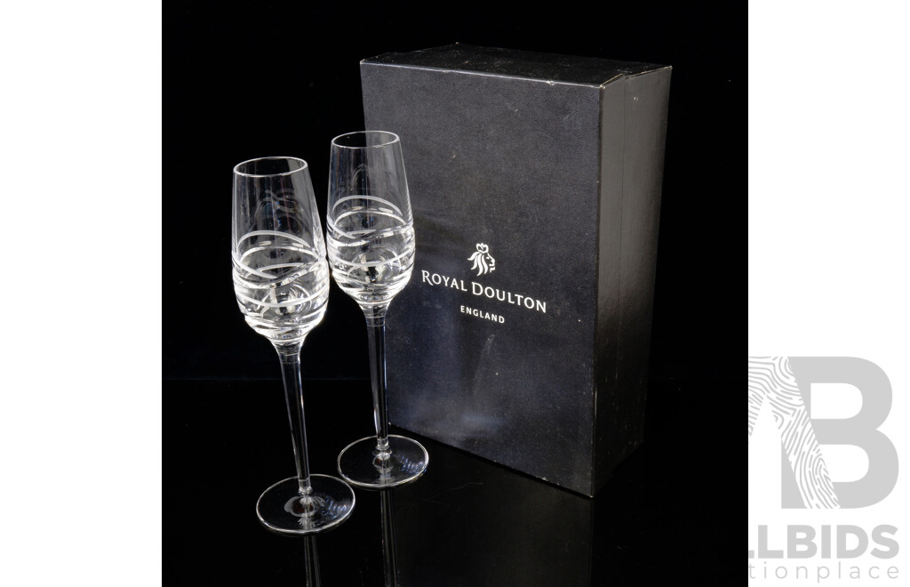 Pair Royal Doulton Crystal Champagne Flutes in Original Presentation Box