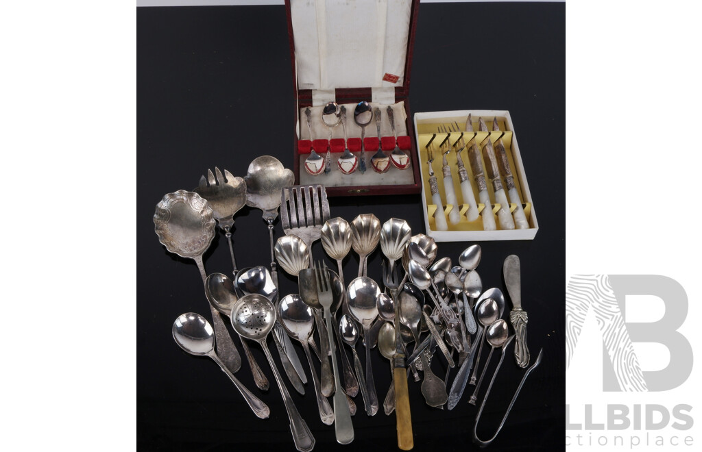 Collection Silver Plate and Other Flatwear Including Apostle Teaspoon Set in Box, Fish Set with Pearlescent Handles and More