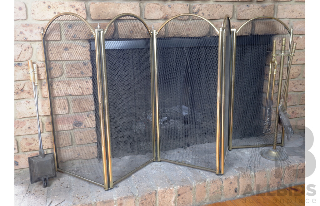 Brass Fire Screen, Fire Tools and Jaffle Iron
