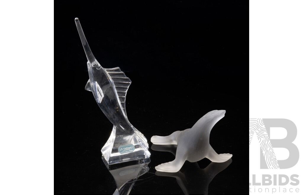 Glass Seal Figure Signed Nancy 2011 to Base Along with J G Durand French Crystal Marlin Figure with Original Label