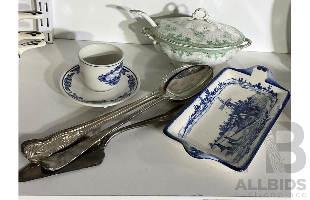 Collection Antique and Vintage Items Including Pair Serving Spoons in Kings Pattern, Antique Selwyn by Meaking Lidded Tureen with Ladel, Three Delft Pieces and More