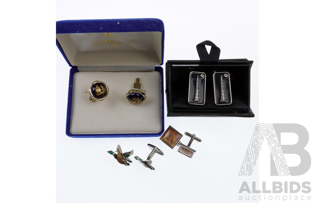 Collection of (4) Pairs of Men's Cufflinks, Including Vintage Limoges Castel and Marks & Spencer