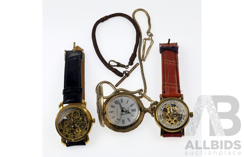 Fineat Hong Kong Watch Co. Wristwatches X 2 and Homer Antimagnetic Pocket Watch