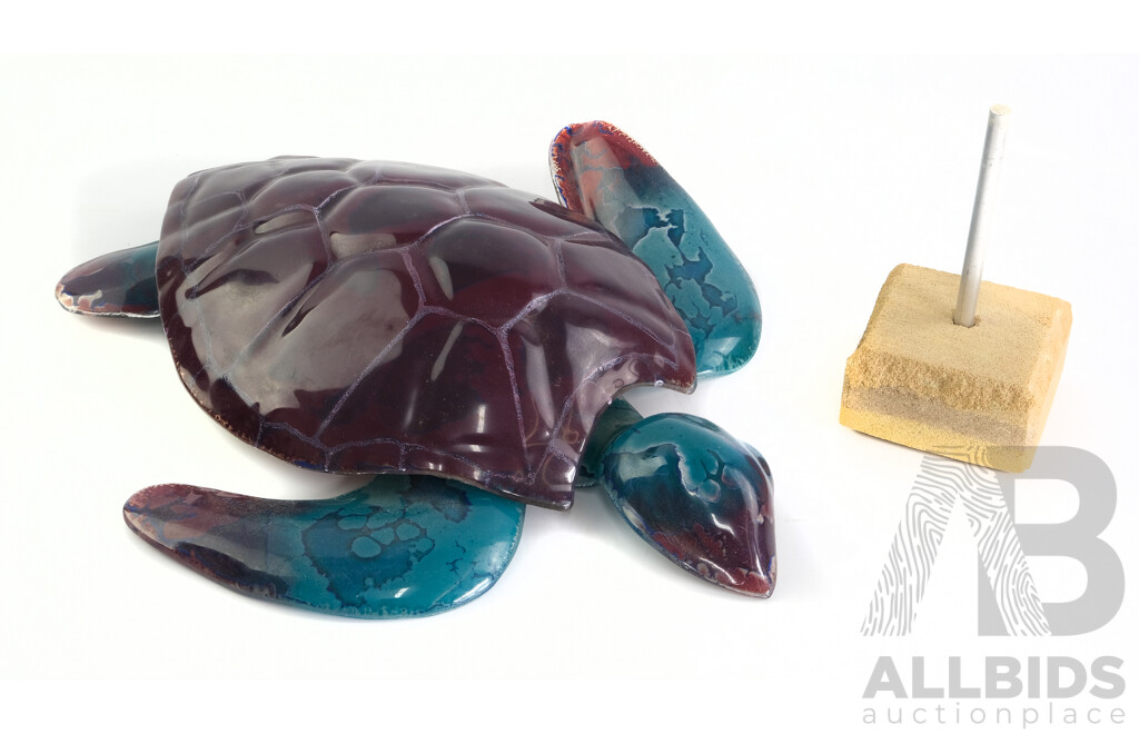 Hand Made in Spirit Glass Design Turtle Sculpture by J & L Biro on Sandstone Stand