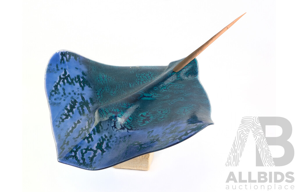 Hand Made in Spirit Glass Design Manta Ray Sculpture by J & L Biro on Sandstone Stand