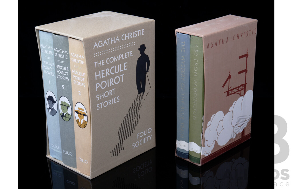 Agatha Christie, Hercule Poirot Folio Society, London, 2003, Three Volume Cloth Bound Hardcover Set in Slip Case Along with Agatha Christie Two VOlume FOlio Society Hardcover Set in Slip Case