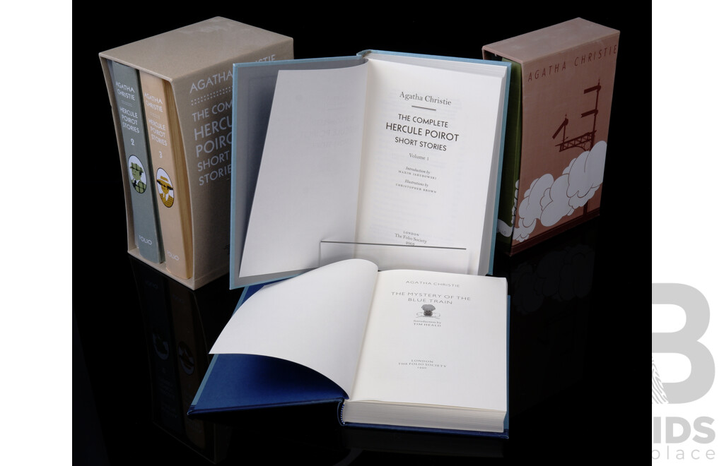 Agatha Christie, Hercule Poirot Folio Society, London, 2003, Three Volume Cloth Bound Hardcover Set in Slip Case Along with Agatha Christie Two VOlume FOlio Society Hardcover Set in Slip Case