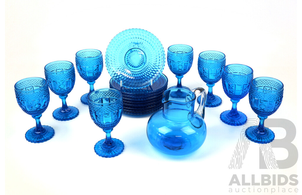 Retro Set Eight Pieces Cobolt Blue Goblets with Eight Matching Saucers and Another Hand Blown Blue Glass Jug