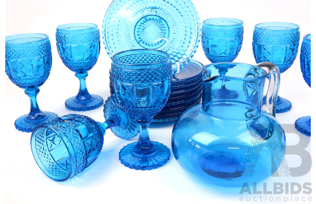 Retro Set Eight Pieces Cobolt Blue Goblets with Eight Matching Saucers and Another Hand Blown Blue Glass Jug