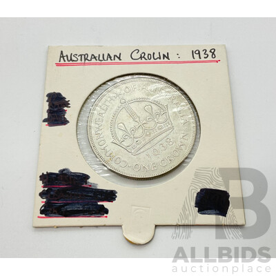 Australian 1938 One Crown Silver Coin .925 - Rare Date