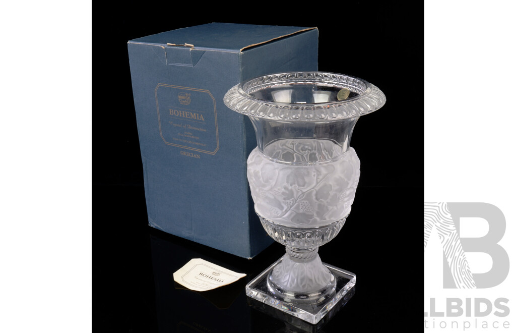 Bohemia Crystal Grecian Urn with Frosted Grape and Vine Decoration with Original Label and Box