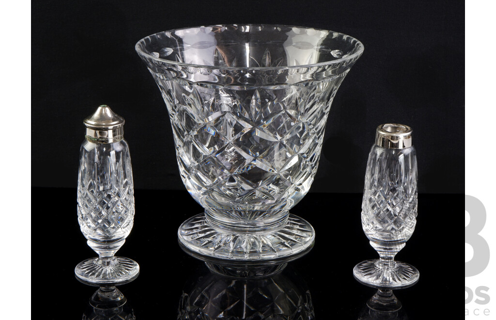 Vintage Webb and Corbett Crystal Vase Along with Stuart Crystal Salt & Pepper Shakers with Silver Plate Tops