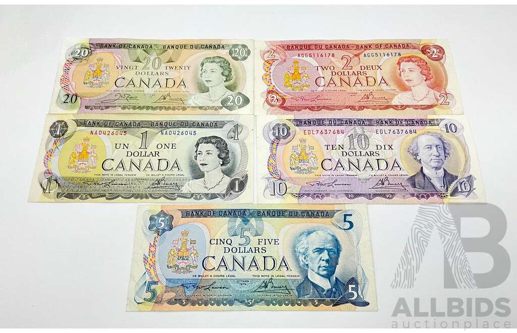 1971-1979 Canadian notes. Set of 5