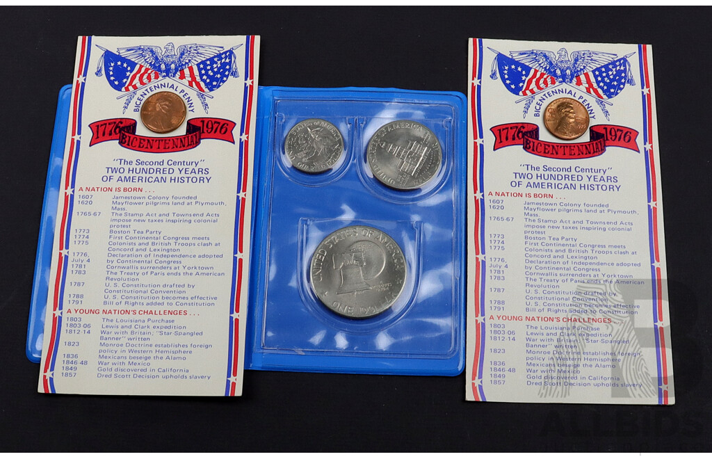 1976 US Bi Centennial coin set and 2 1976 pennies.