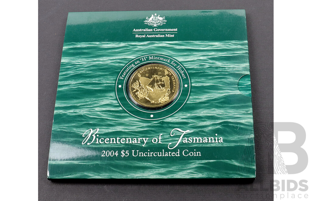 2004 RAM BI Centenary Tasmania $5 UNC coin, H mintmarked.