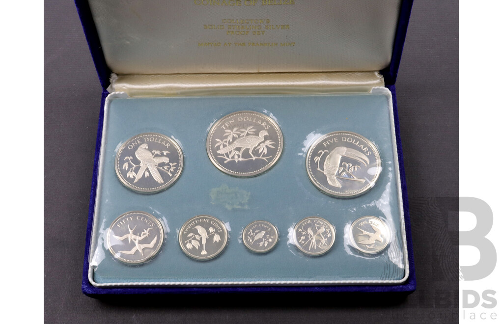 1974 Franklin Mint Belize 8 coin 99.9% silver proof coin set.