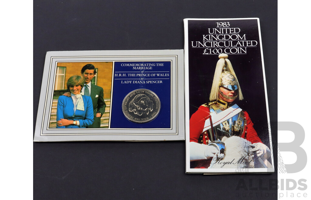 1981 Royal Marriage crown and 1983 UK Uncirculated One Pound Coin