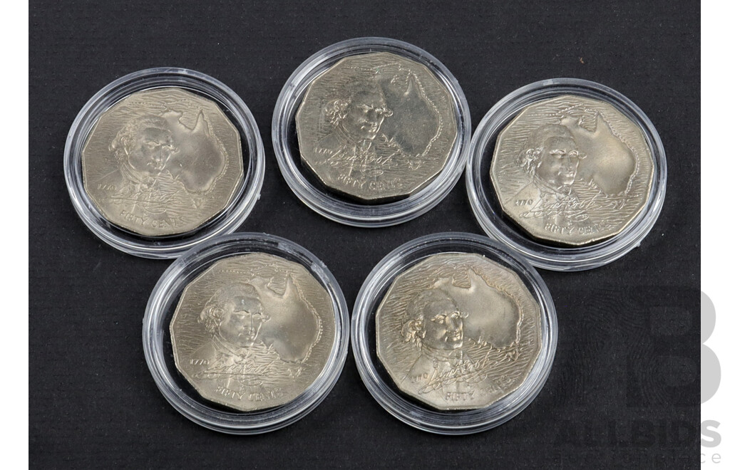 5 UNC 1970 Australian 50c coins, Captain Cook.