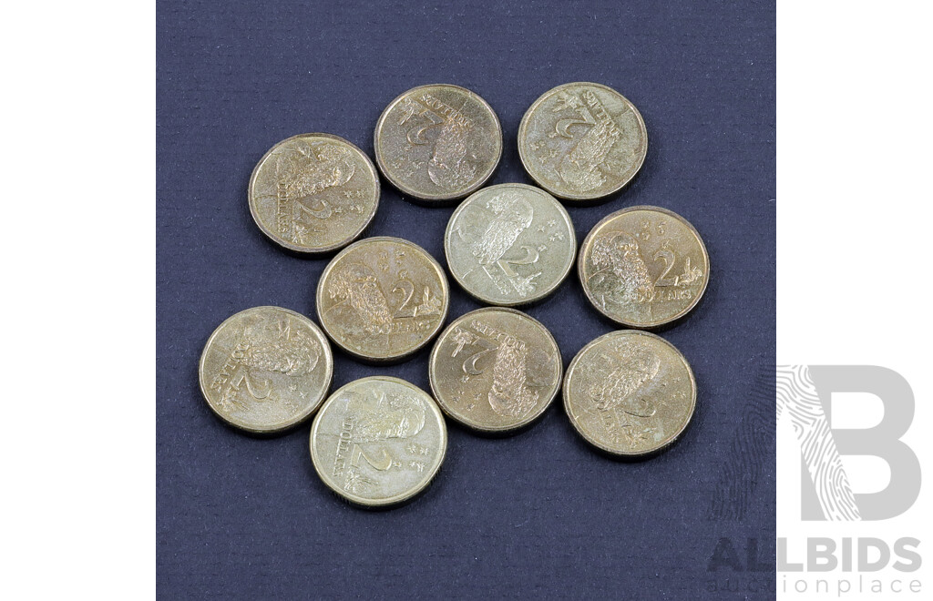 Ten assorted $2 coins.