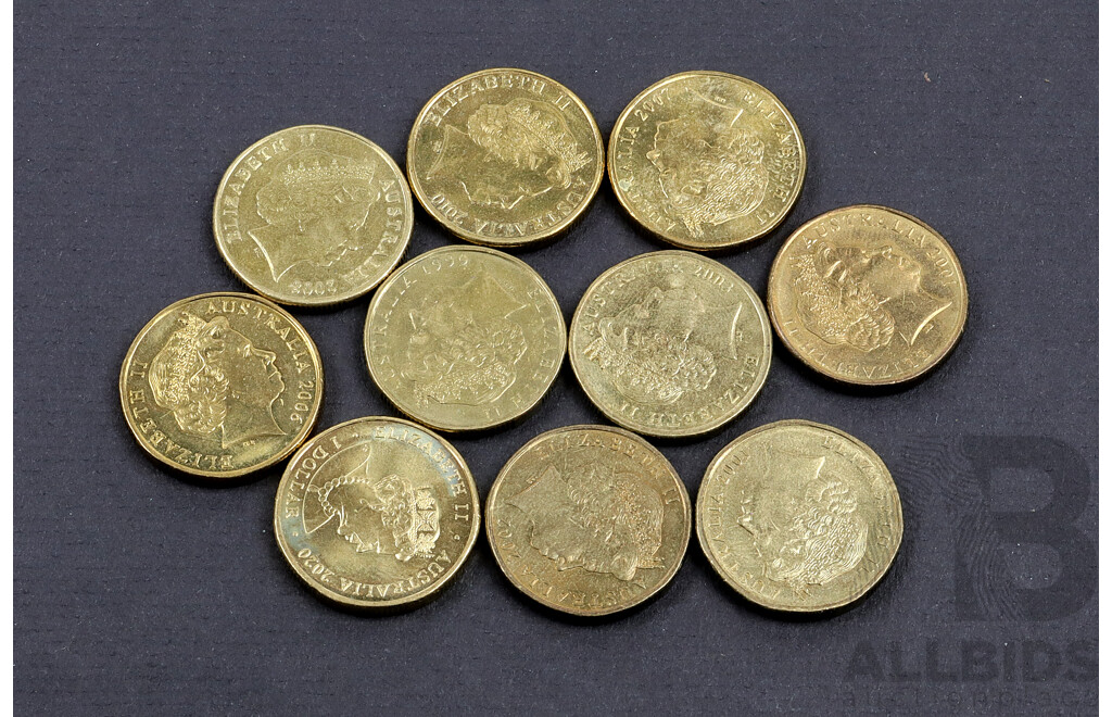 Ten assorted $1 coins