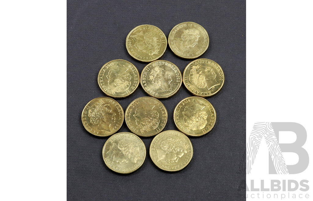 Ten assorted $1 coins.