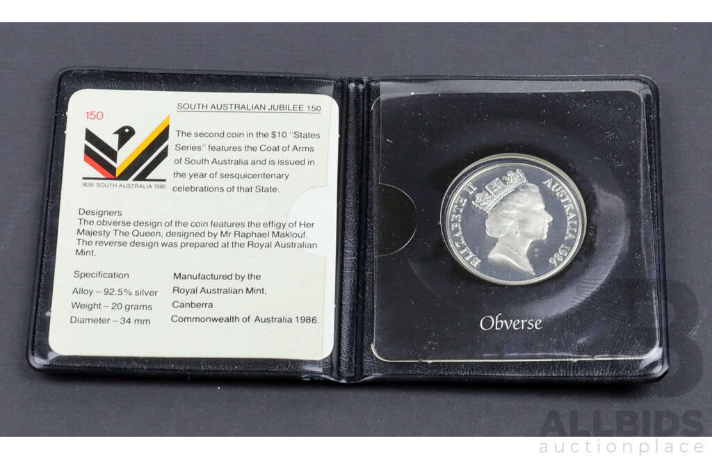 1986 State Series 92.5% $10 silver coin SA