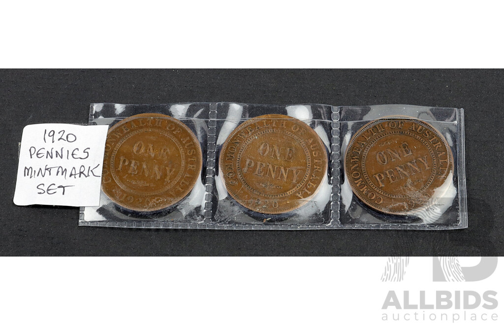1920 Set of three mintmark pennies.