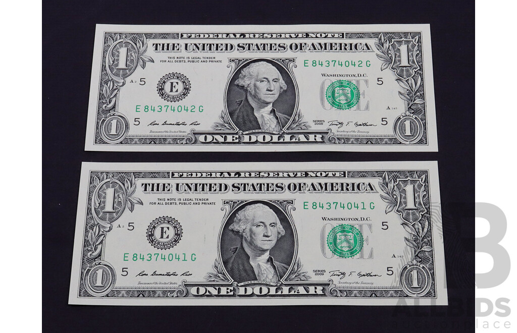 2009 US Consecutive UNC $1 Notes. 2 Of.