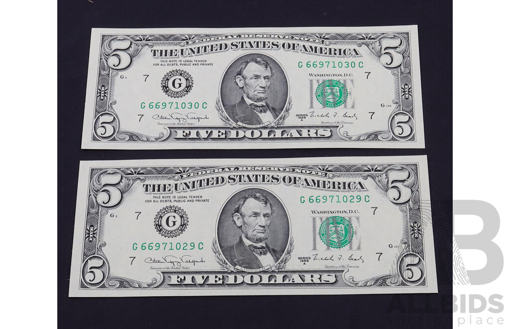 1988 US Consecutive UNC $5 Notes. 2 Of.