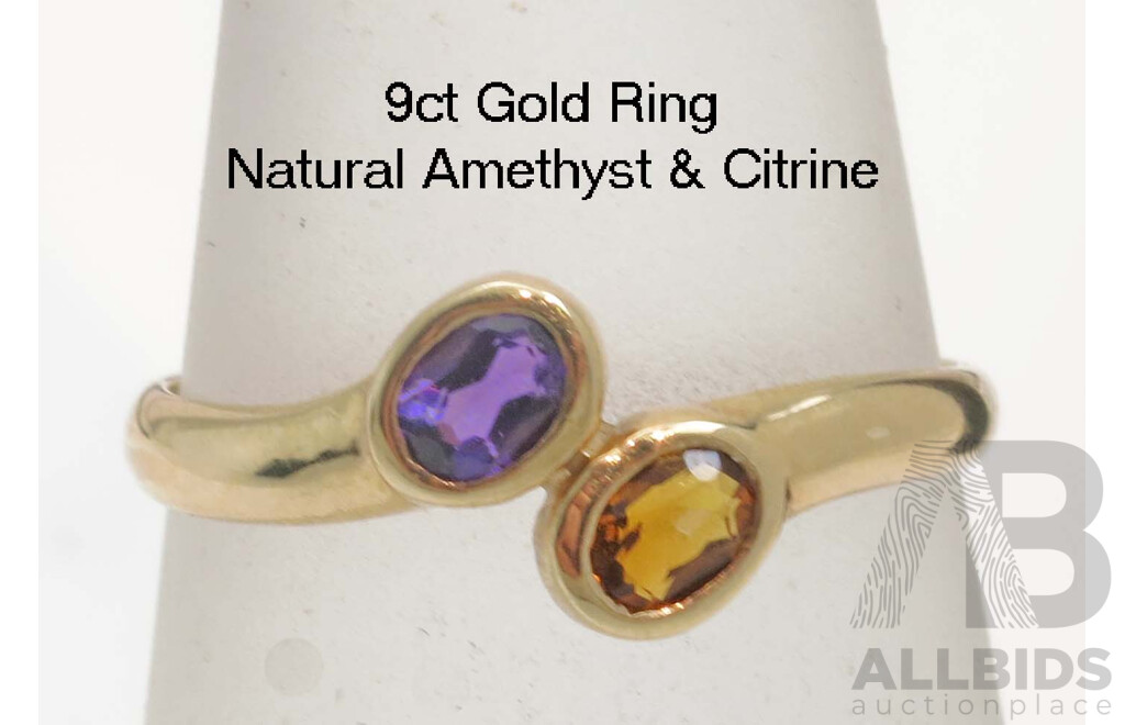 9ct Gold Ring - Natural Amethyst & Citrine
