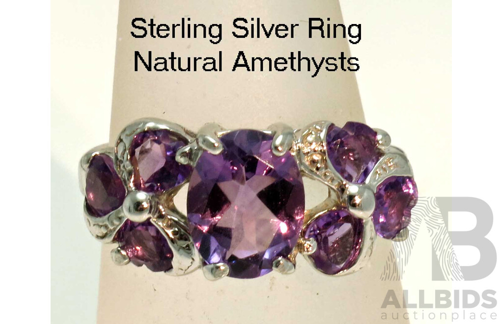 Sterling Silver Ring - set with Natural Facetted Amethysts