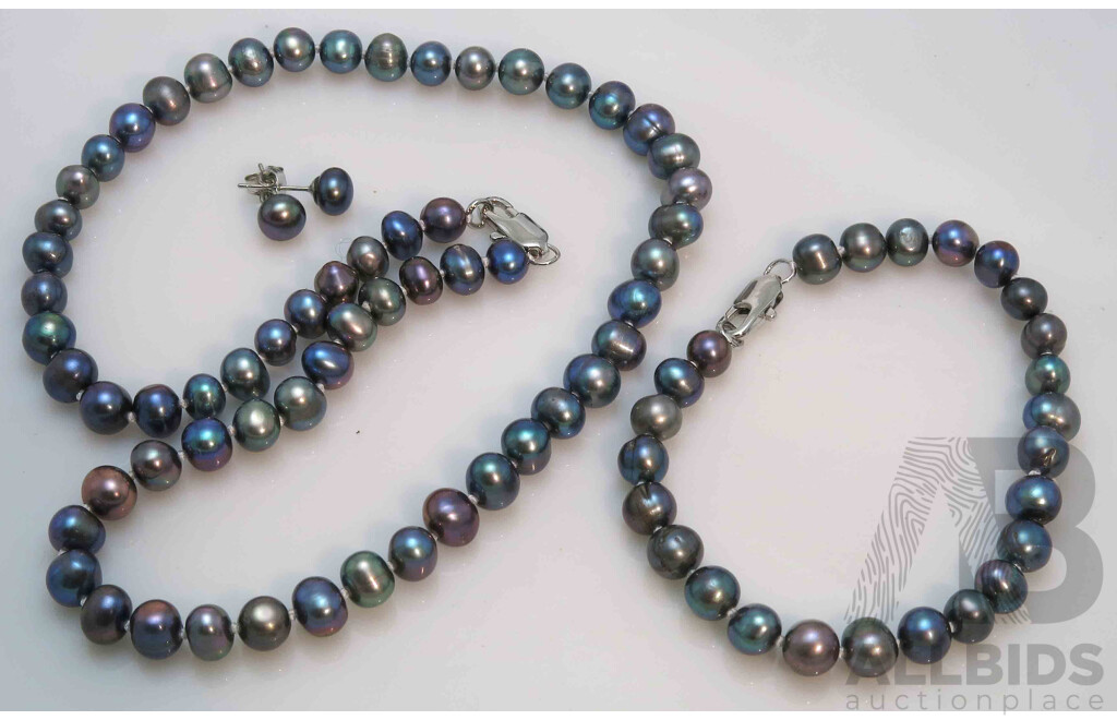 Set of Peacock Black Pearl Necklace, Bracelet & Earrings