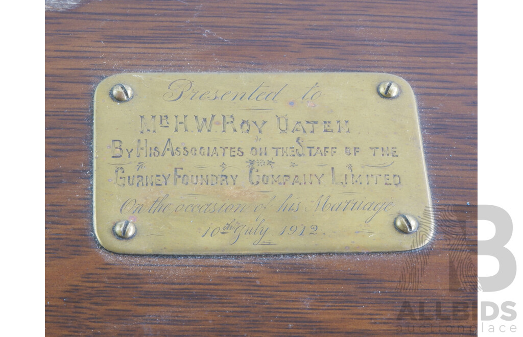 Antique Oak Cutlery Canteen with Inscribed Brass Plaque, Single Drawer and Lift Up Lid