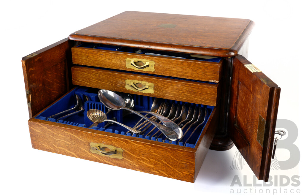 Antique Victorian Oak Three Drawer Cutlery Canteen with Brass Fittings by J H Windall with 66 Piece Ivory Handled SIlver Plated Flatwear Set