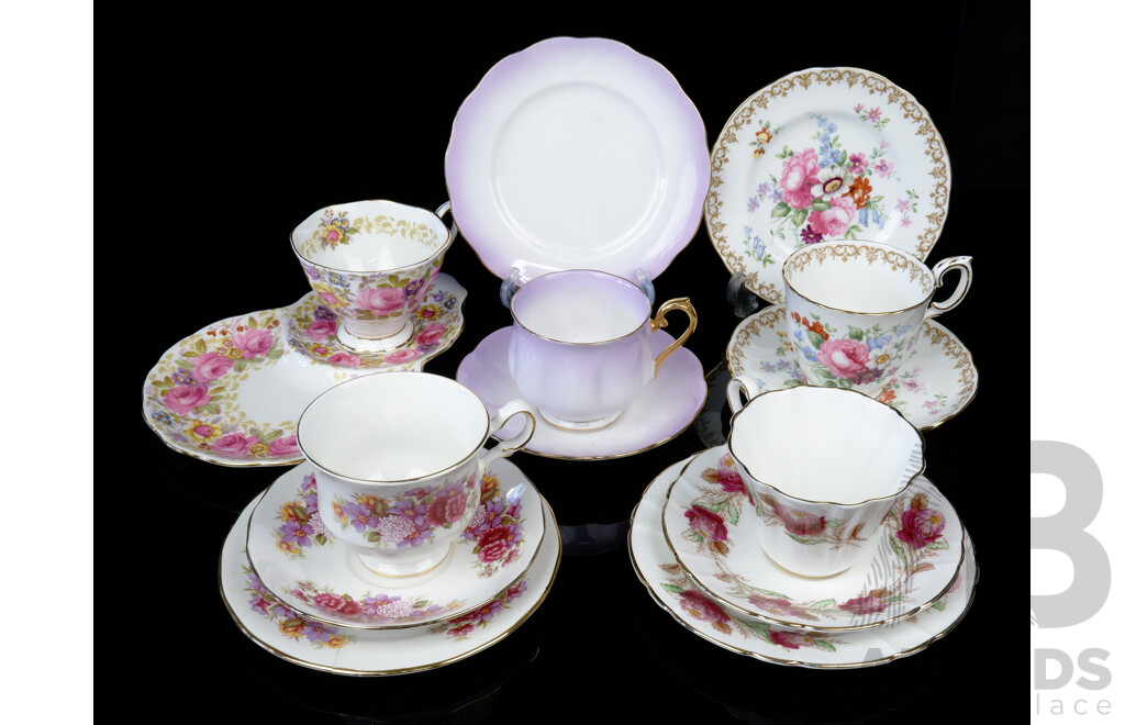Collection Five Quality Porcleain Duos & Trios Including Royal Albert Serena Duo, Royal Stafford Austrlain Flowers Series Waratah Trio and More, Marks to Base