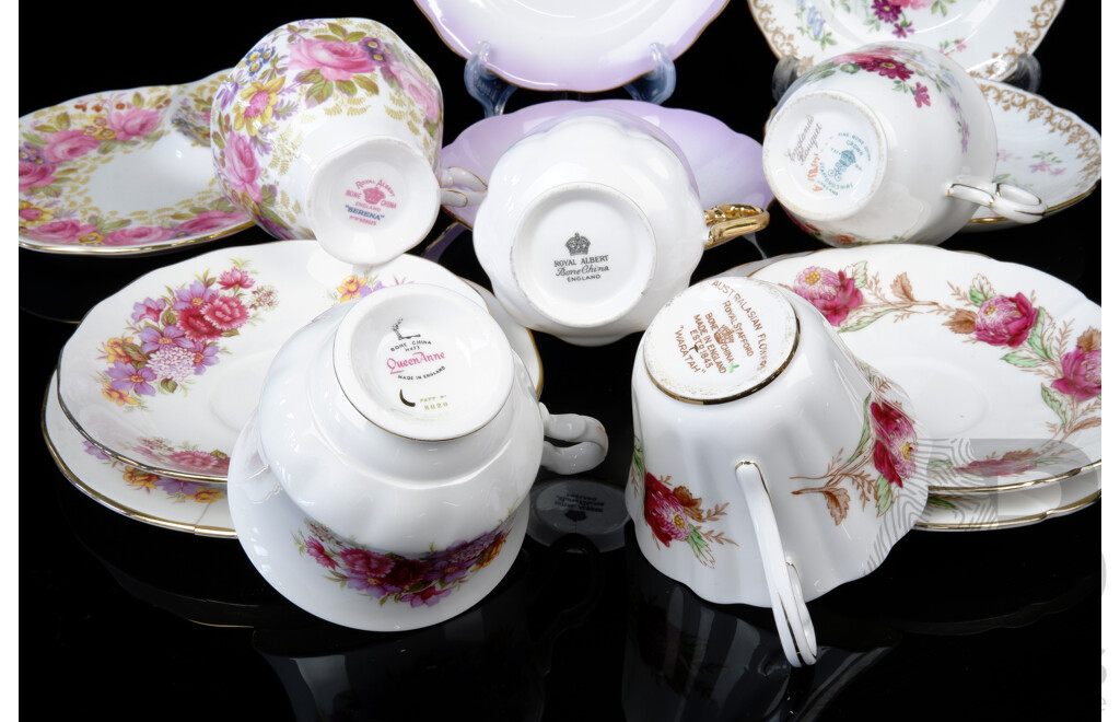Collection Five Quality Porcleain Duos & Trios Including Royal Albert Serena Duo, Royal Stafford Austrlain Flowers Series Waratah Trio and More, Marks to Base