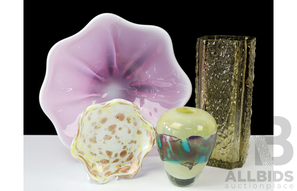 Four Retro Hand Blown Glass Pieces Including Heavy Vase with HDWA to Base, Large Scandy Style Frosted Squate Vase and Two Bowls